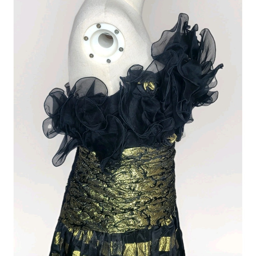 Vtg Eugene Alexander Black Gold Evening Formal Maxi Pleated Ruffle Top Dress 4 - Picture 5 of 8